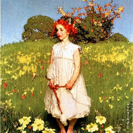 Image similar to Persephone in Spring, by Norman Rockwell, warm glow, deep focus, busy composition