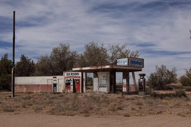 Image similar to an abandoned gas station in the american west