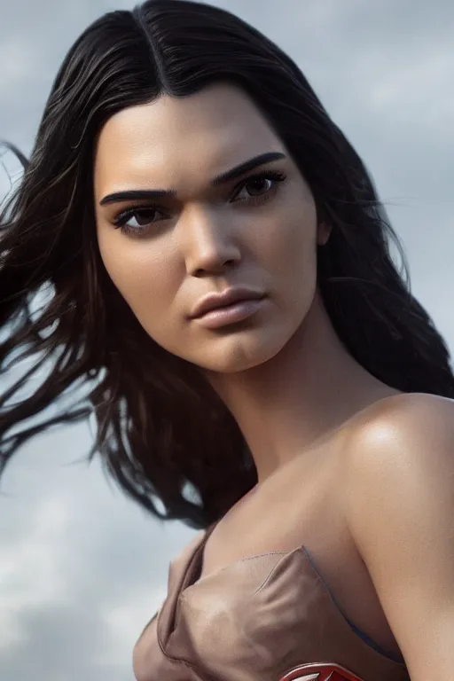 Image similar to a fancy close up of Man of Steel cast as Kendall Jenner by Greg Rutkowski, Sung Choi, Mitchell Mohrhauser, Maciej Kuciara, Johnson Ting, Maxim Verehin, Peter Konig, 8k photorealistic, cinematic lighting, HD, high details, dramatic, trending on artstation, full body shot