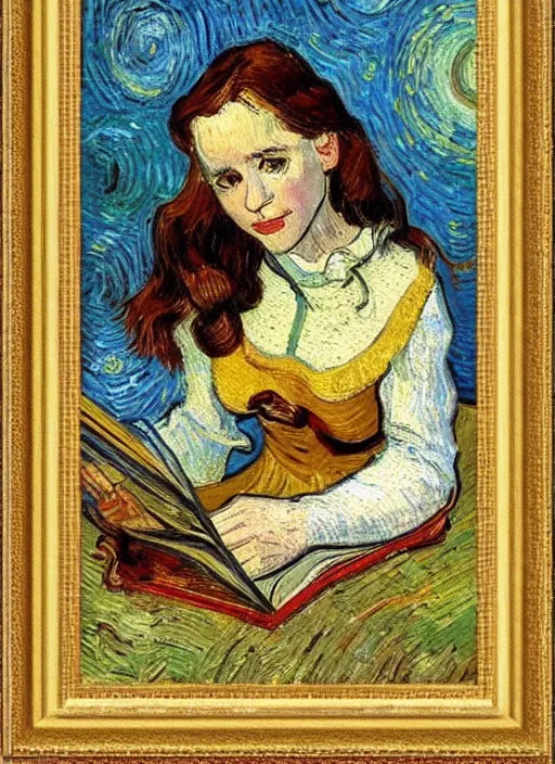 Image similar to lifelike oil painting portrait of belle reading a book by van gogh
