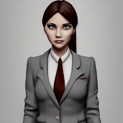 Image similar to woman in grey business suit, brown neat hair, pixiv, fanbox, trending on artstation, portrait, modern, sleek, highly detailed, formal, serious, determined, competent, colorized, smooth, charming, pretty, safe for work