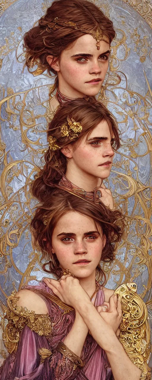 Image similar to photo photorealistic portrait closeup photograph full body art nouveau portrait of Emma Watson ornate intricate golden battle armor, intricate, elegant, highly detailed, digital painting, artstation, concept art, smooth, sharp focus, illustration, art by John William Waterhouse and greg rutkowski and Donato Giancola and alphonse mucha