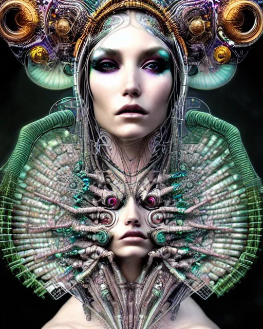 Image similar to hyperrealistic detailed portrait of a beautiful goddess in a cyber headdress, intricate cyberpunk make - up, art by android jones, ernst haeckel, nekro borja, alphonso mucha, h. r. giger, ornamental gothic - cyberpunk,