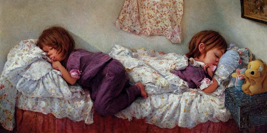 Prompt: a sleepy little cute girl in his bedroom by Bob Byerley