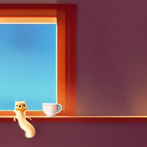 Prompt: a cute cat with big eyes looking at a cup of coffee in beautiful morning at a house window. Pixar Disney 4K 3d render funny animation movie Oscar winning trending on ArtStation and Behance. Ratatouille style.