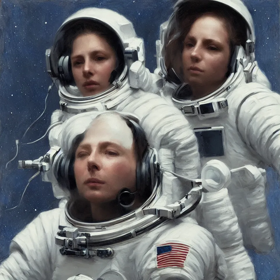 Image similar to astronaut wearing a headphone, beautiful, cinematic, art by jeremy lipking