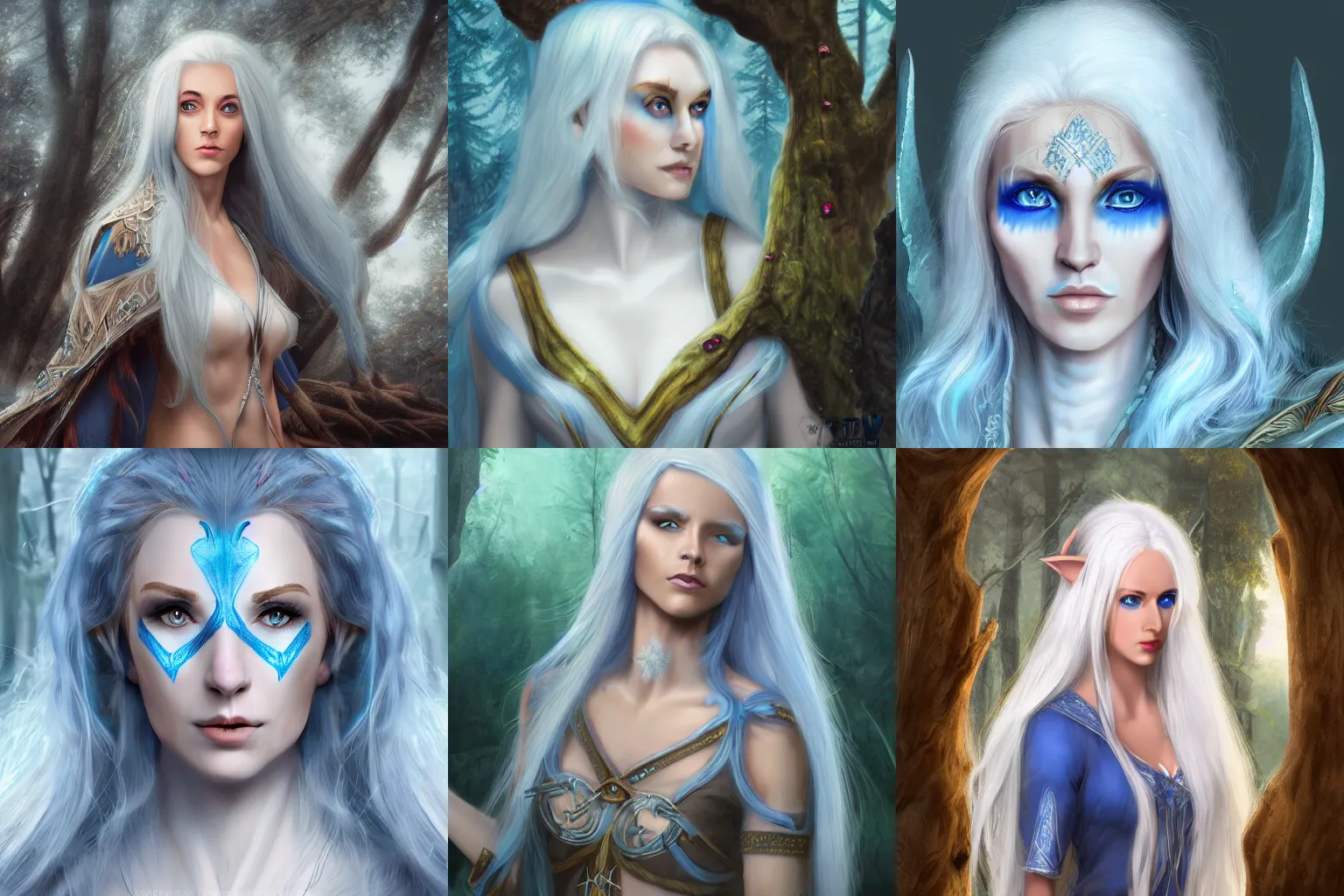 Prompt: A matte painting of a beautiful white haired and blue eyes Wood elf Druid woman , trending on art station , extremely detailed