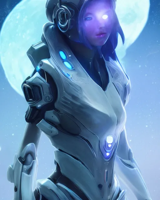 Image similar to perfect android girl on a mothership, warframe armor, beautiful face, scifi, futuristic, galaxy, nebula, raytracing, dreamy, long white hair, blue cyborg eyes, sharp focus, cinematic lighting, highly detailed, artstation, divine, by gauthier leblanc, kazuya takahashi, huifeng huang