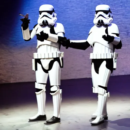Prompt: star wars theater show stormtroopers can can dancing