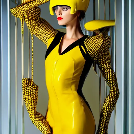 Prompt: close up of a female fashion model in year 3000 in art-deco entrance hall of a skyscraper, model wearing a huge surreal Avant-garde helmet in yellow, photography , official Versace editorial , highly detailed