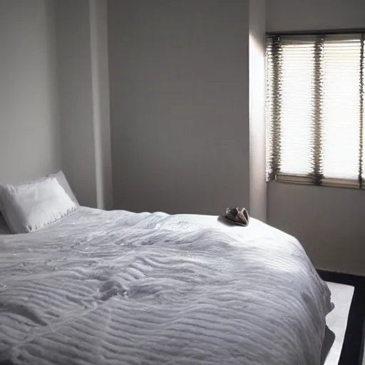 Prompt: misty figure floating above the bed