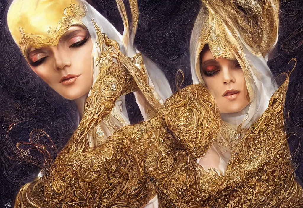 Image similar to a beautiful woman wearing a white niqab made of silk with golden jewelry and diamonds by alex gray and android jones, karol bak, ayami kojima, arabian, concept art, fantasy