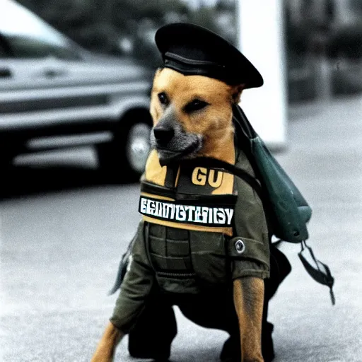 Image similar to A photo of a dog wearing a security guard\'s uniform and cap, 1990