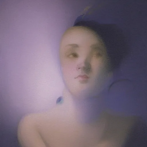 Prompt: a young woman's face, her hair is silver grey and she wears an indigo blue satin cloak, by ivan aivazovsky and syd mead and moebius and gaston bussiere and roger dean and pieter claesz and paul delaroche and alma tadema and aelbert cuyp and donato giancola, hyperrealistic, volumetric light, octane render