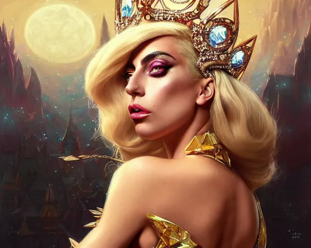 Image similar to lady gaga as miss universe, 8 k, deep focus, d & d, fantasy, intricate, elegant, highly detailed, digital painting, artstation, concept art, matte, sharp focus, illustration, hearthstone, art by artgerm and greg rutkowski and alphonse mucha