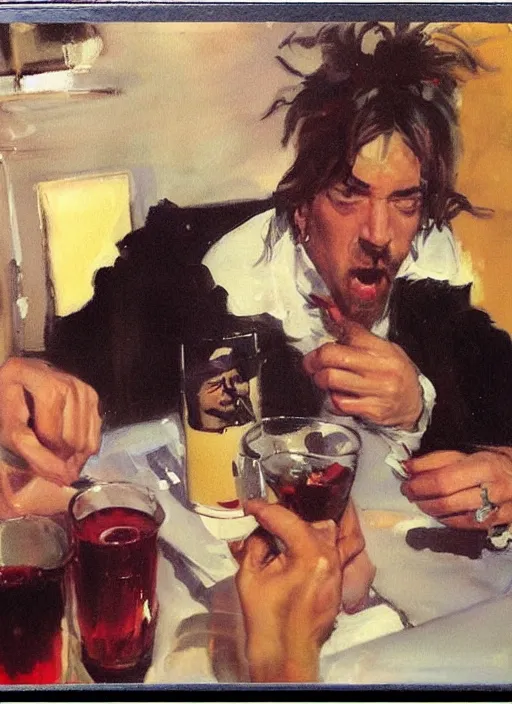 Image similar to polaroid of a glam rocker drinking brutal and raw wine with his friends by joaquin sorolla, phil hale, greek style, ultra detailed