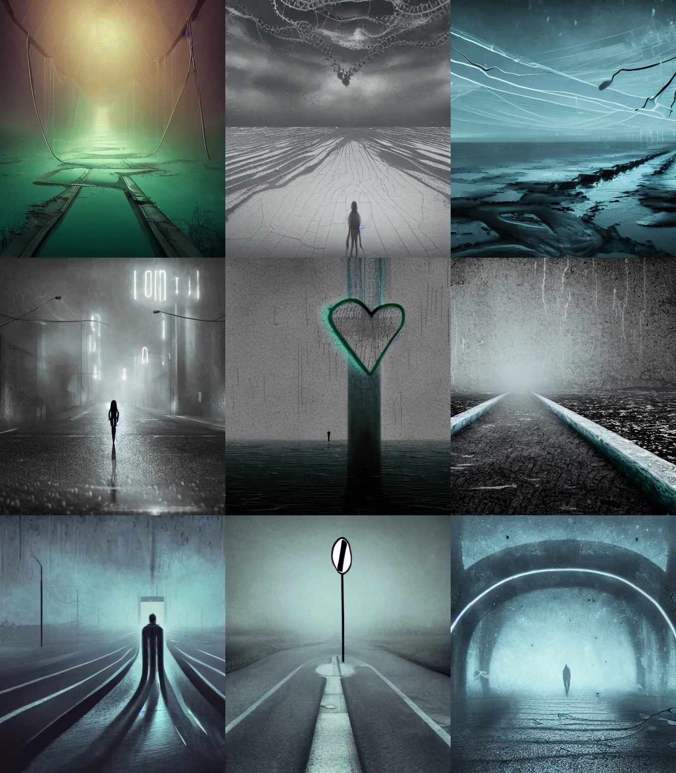 Prompt: the long and empty lonely road to nowhere | A vain attempt to escape the inky depths of the abyss of darkness, drowning in tentacles, losing air | A concrete heart marked with neon love is suspended over stilled waters in an abysmal dark void, realistic, artstation, moody, algae in the gloom, shattered hope sinking
