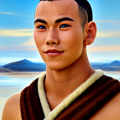 Image similar to beautiful serene intricate portrait of sokka from the water tribe as a young inuit man with blue eyes, smiling softly, relaxing on the beach, golden hour, soft focus, 8 k, art by irakli nadar, hyperrealism, hyperdetailed, ultra realistic