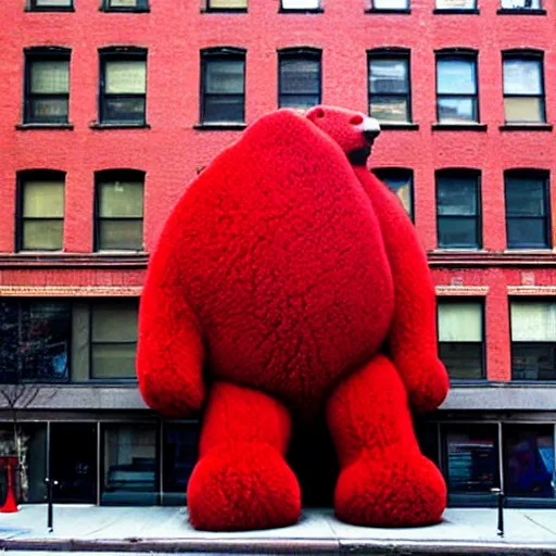 Image similar to large red bear on a street in new york city in the style of yves tanguy