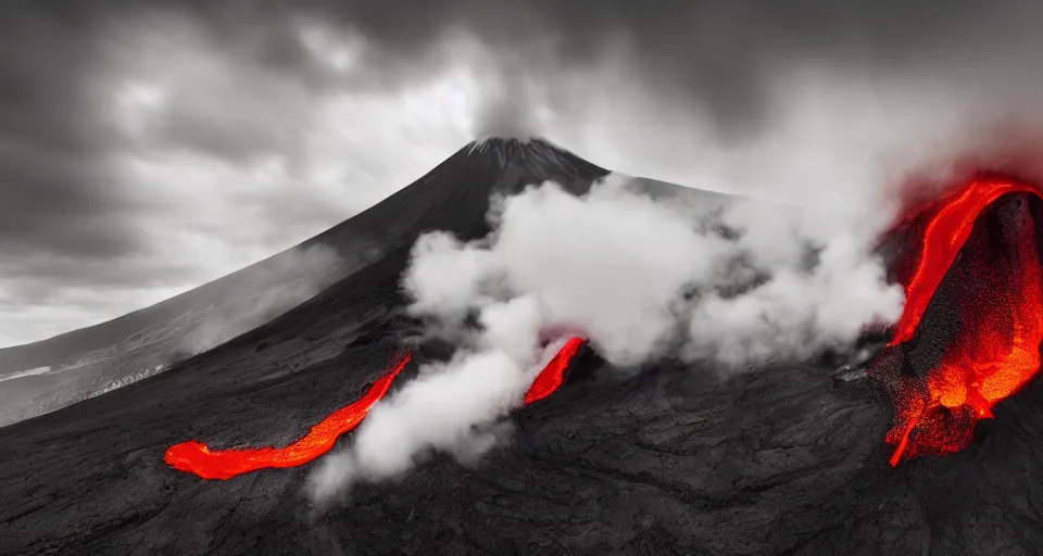 Prompt: a volcano made of ivory vines and crimson rocks enters in eruption, it spits a smoke in the shape of demonic eye, by 500px