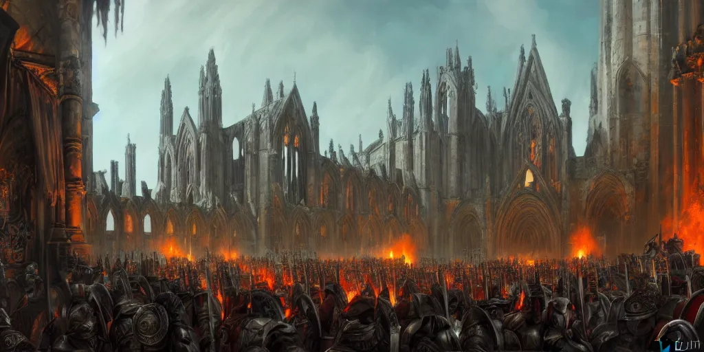 Prompt: highly detailed portrait painting of an ancient argardian gods battle, abbey warhammer battle, old abbey in the background, cathedrals, long giant columns, by eddie mendoza and tyler edlin, 8 k resolution