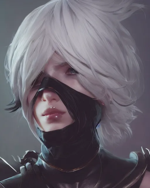 Image similar to league of legends portrait of 2 b nier automata, au naturel, hyper detailed, digital art, trending in artstation, cinematic lighting, studio quality, smooth render, unreal engine 5 rendered, octane rendered, art style by klimt and nixeu and ian sprigger and wlop and krenz cushart.