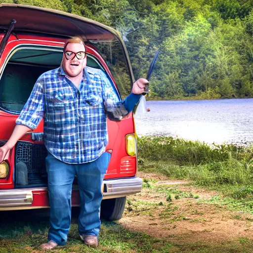 Prompt: Matt Foley living in a van down by the River, EOS 5D, ISO100, f/8, 1/125, 84mm, RAW Dual Pixel, Dolby Vision, HDR, Adobe, AI Enhanced