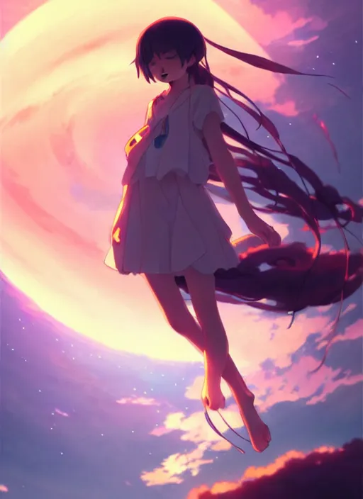 Prompt: anime girl floating against the backdrop of dawn, saturn in the background, illustration, concept art, anime, key visual, trending pixiv fanbox by wlop and greg rutkowski and makoto shinkai and studio ghibli