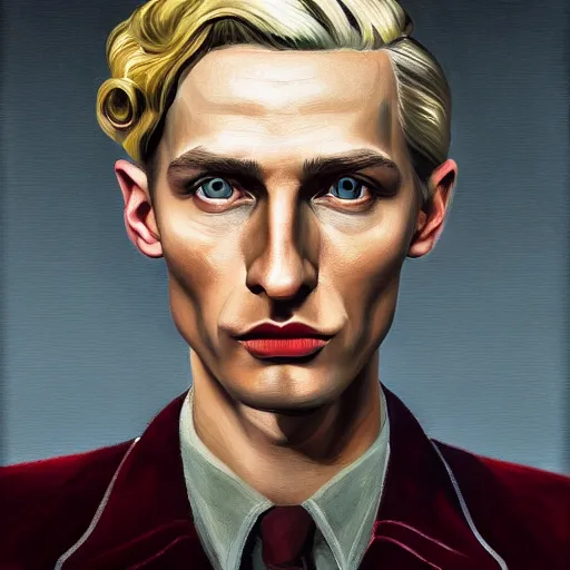 Image similar to A Hearts of Iron IV portrait of a blonde German actor with high cheekbones. Good bone structure. Dressed in 1940s style. Highly detailed, fine Art, high detail, great lighting, 8k resolution, masterpiece, concept art, illustration, clear eyes, painting oil on canvas, octane render, HDR, trending on artstation, 4k, 8k, HD