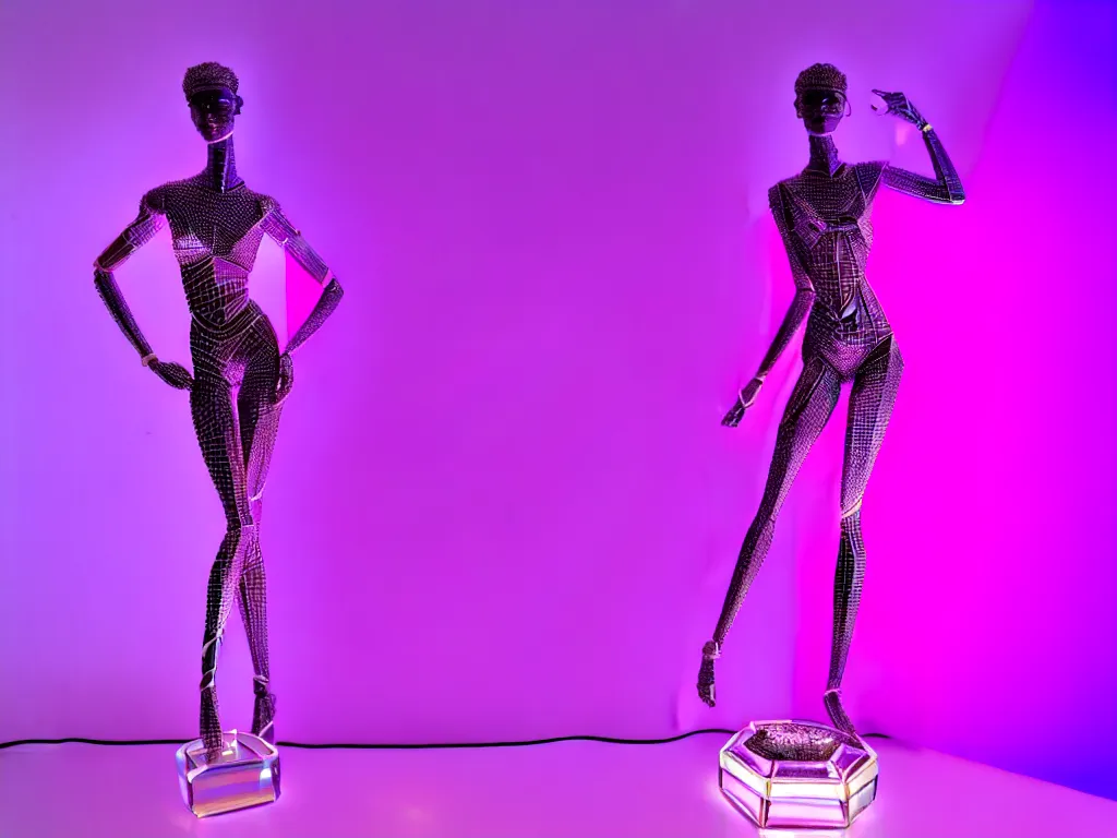 Image similar to beautiful mannequin sculpted out of amethyst by billelis + lit with purple 3 d geometric neon + chrome geometric cubed bonsai plants!!!!, doorway opening with neon pink geometric light, clean linework, dramatic, finely detailed, rule of thirds, moody, confident, award winning, 4 k, trending on artstation, photorealistic, volumetric lighting, octane render