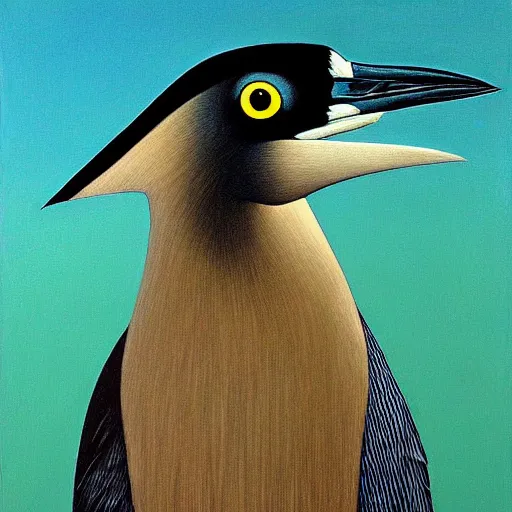 Image similar to painting of hybrid black crowned night heron with pointy cat ears, cat eyes, calico pattern, cat paws, intercrossed animal, mixture animal, by zdzislaw beksinski, by tiffany bozic, by chris buzelli