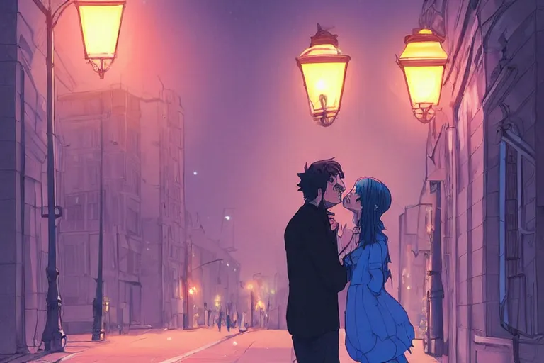 Image similar to a zombie couple kissing under a street lamp in Buenos aires at night, dark blue long hair, muted colors, matte print, pastel colors, ornate, digital art, cute smile, digital painting, fan art, elegant, pixiv, by Ilya Kuvshinov, by Studio Ghibli