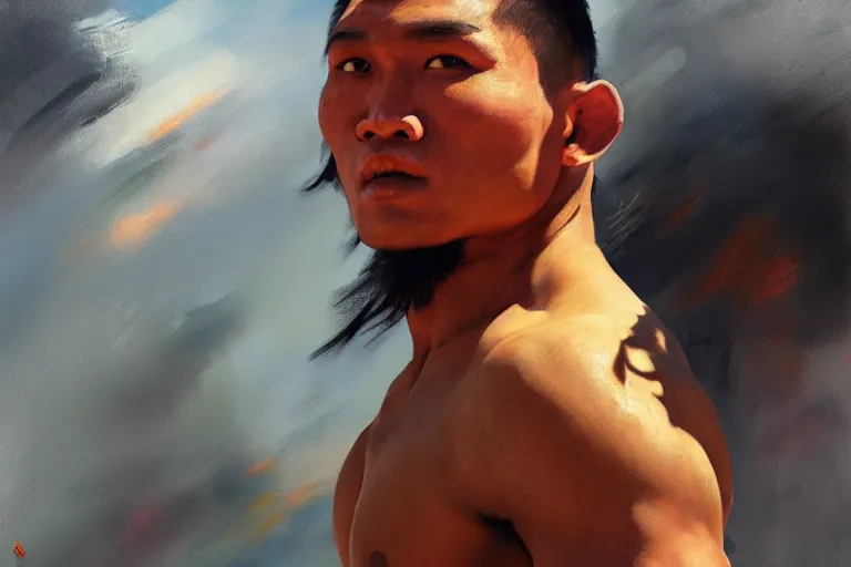 Image similar to greg manchess portrait of a filipino mma fighter victorious in arena, sunny day, matte painting, bold shapes, hard edges, street art, trending on artstation, by huang guangjian, gil elvgren, ruan jia, randy vargas, greg rutkowski