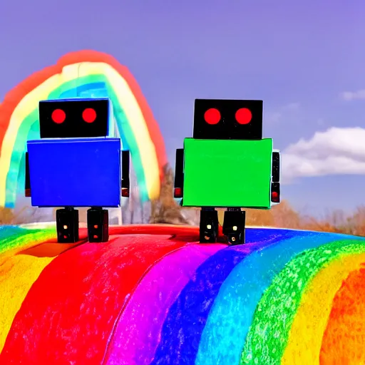 Image similar to Just two rainbow robots in love