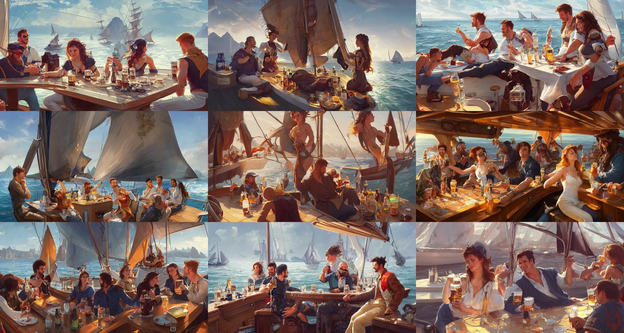 Prompt: people drinking beer on a sailboat, highly detailed, digital painting, artstation, concept art, matte, sharp focus, illustration, hearthstone, art by artgerm and greg rutkowski and alphonse mucha