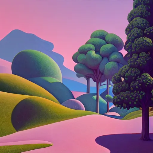 Image similar to pop-surrealist landscape painting, octane render, unreal engine, trees and pines everywhere, very nice pastel colors, lights and shadows, glowing hot sun, very coherent, Houdini algorithmic generative art, painted by Edward Hopper, Wayne Barlowe, painted by James Gilleard, airbrush, art by JamesJean