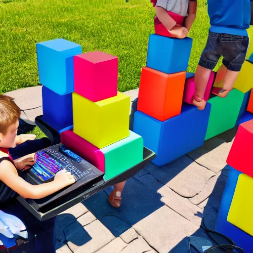 Image similar to photo of kids working on computers outside in the sun, large colorful blocks floating in the air, bright colors