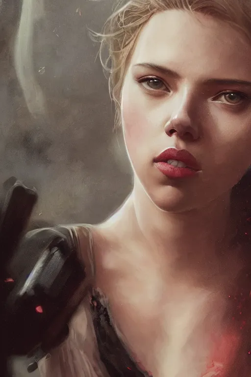 Prompt: a fancy illustration of a young Scarlett Johansson by Greg Rutkowski, Sung Choi, Mitchell Mohrhauser, Maciej Kuciara, Johnson Ting, Maxim Verehin, Peter Konig, Bloodborne, macro lens, 35mm, 8k photorealistic, cinematic lighting, HD, high details, atmospheric,