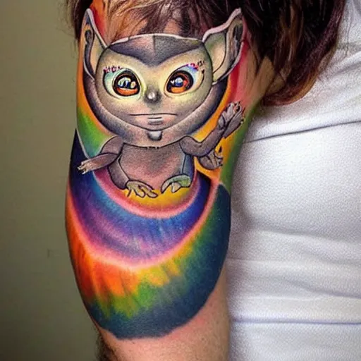 Image similar to shoulder tattoo of a multicolored spaced out cute bush baby, eyes are colorful spirals, surrounded with colorful magic mushrooms and marihuana leaves, insanely integrate