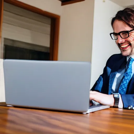 Prompt: Man in a business suit wearing glasses, smiling, and using his laptop on table while his house is on fire, photo