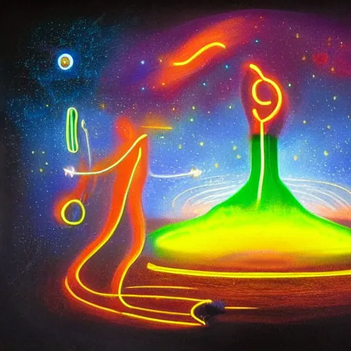 Prompt: god creating the universe, neon lit, surrealist painting in the style of dali