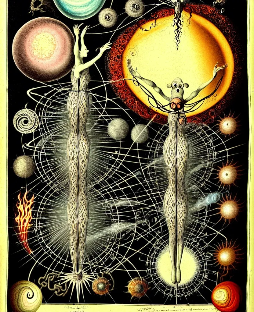 Image similar to whimsical freaky creature sings a unique canto about'as above so below'being ignited by the spirit of haeckel and robert fludd, breakthrough is iminent, glory be to the magic within, in honor to jupiter, painted by ronny khalil