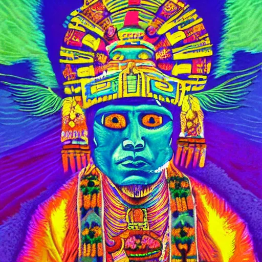 Prompt: a mayan holy man dressed in ceremonial garb on a vision quest, in a psychedelic landscape