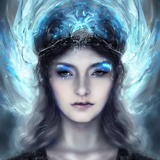 Image similar to masterpiece portrait of a beautiful mage woman, ice spell, 3 0 years woman, soft realistic thin appealing face, light eyes, black dynamic hair, wearing silver diadem, blue gems inlays, silver necklace, digital painting by wlop, luis royo, atmospheric effects, chaotic blue sparks dynamics background, intricate, artstation, fantasy