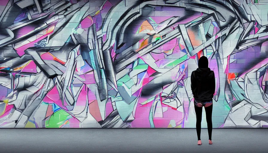 Image similar to portrait of a pretty young tech sport blindfold hooded asian woman standing in front of a wall of graffiti intricate volumetric octane render 3 d street art depicting dark monochrome neon fluorescent color abstract geometry in the style of wlop, mirrors edge, odeith