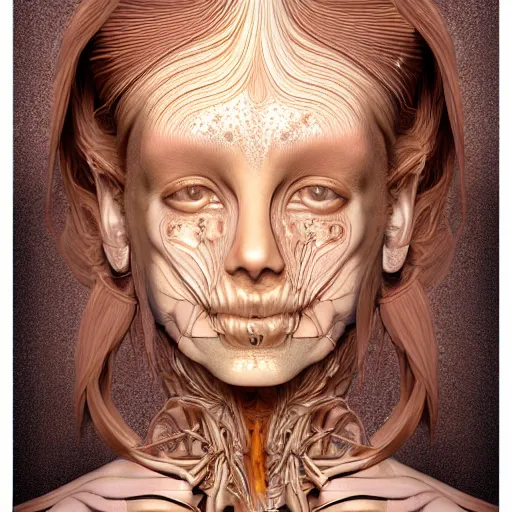 Prompt: beatifull face portrait of a woman, 150 mm, anatomical, flesh, flowers, mandelbrot fractal, facial muscles, veins, arteries, intricate, golden ratio, full frame, microscopic, elegant, highly detailed, ornate, ornament, sculpture, elegant , luxury, beautifully lit, ray trace, unreal, 3d, PBR, in the style of peter Gric , alex grey and Romero Ressendi