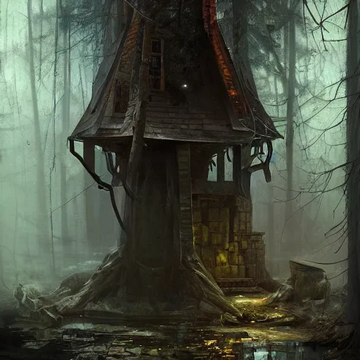 Prompt: old house with a well in the woods, old well, the colour out of space, horror, dramatic lighting, lovecraftian, painted by raymond swanland, painted by greg rutkowski, painted by jeremy mann, painted by artgerm, painted by igor kieryluk, trending on artstation