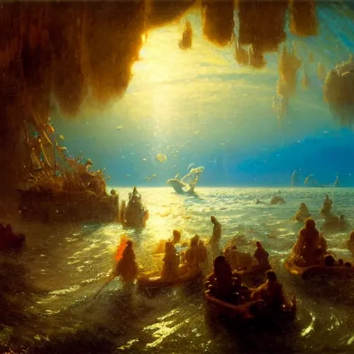 Image similar to point of view of deep in the ocean looking up, you see fishes, higher up you see the milk way, night time. highly detailed painting by gaston bussiere, greg rutkowski 8 k