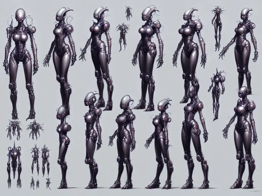 Prompt: highly detailed artstation character design sheet for a sci - fi queen mechine, hajime sorayama, peter mohrbacher, dark fantastic, game assets, unreal engine, unity, concept art