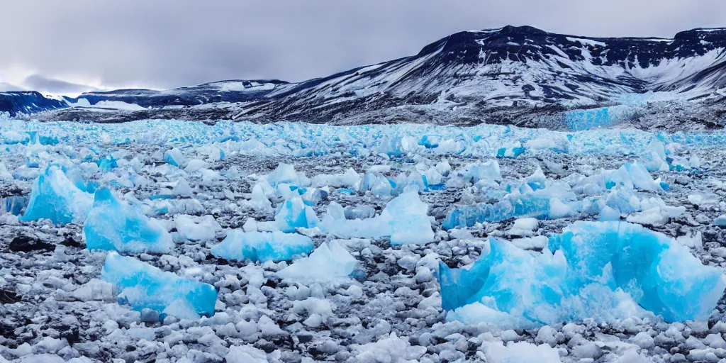 Image similar to polaroid photo of glaciers in iceland, surrounded by snow and ice, bright blue sky